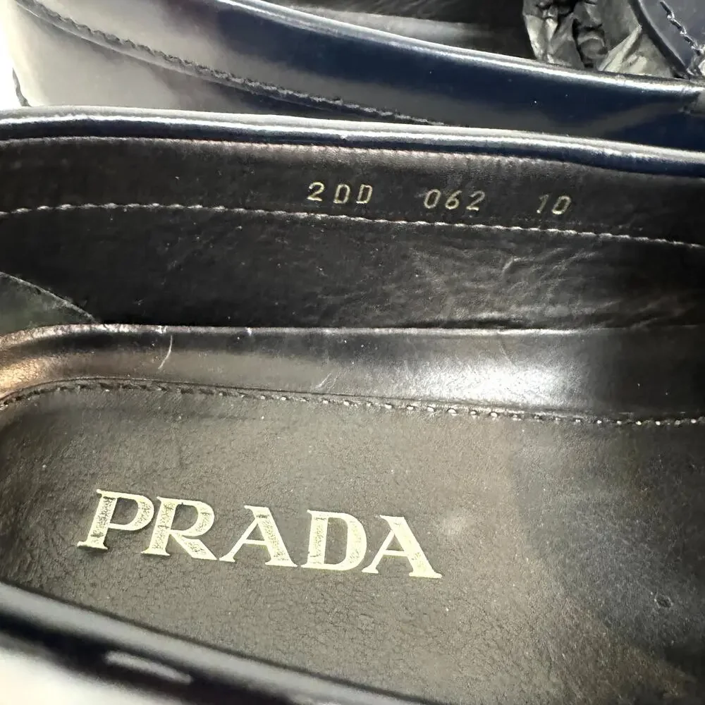 PRADA Patent Leather Navy Blue Silver Metal Logo Plaque Driving Loafer 10 Shoes